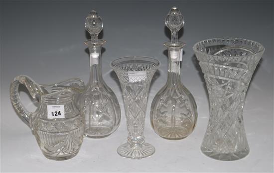 Pair Victorian glass decanters, a Regency style glass water jug and two glass trumpet shaped glasses